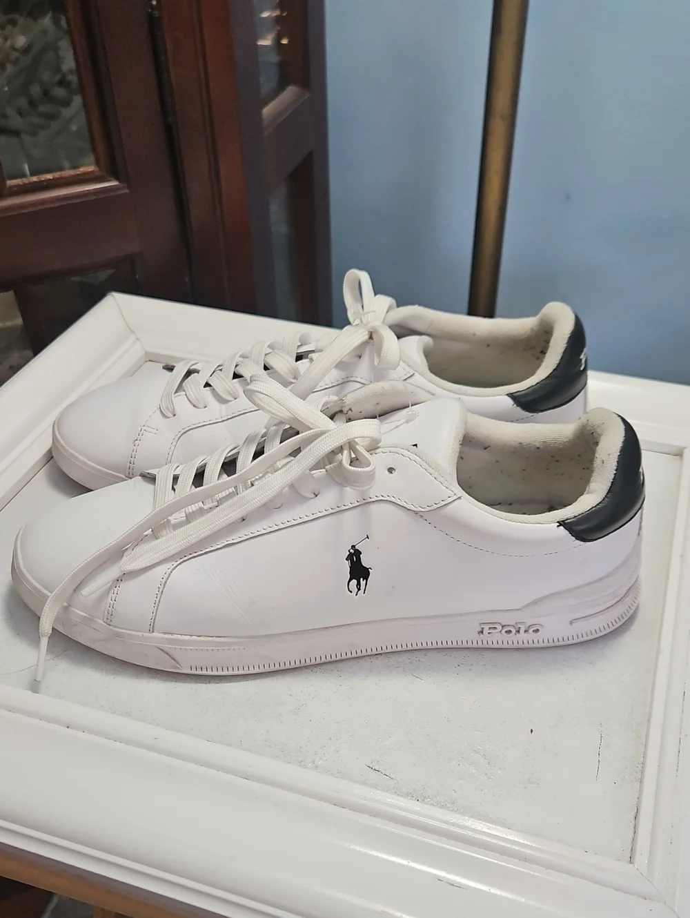 Polo Ralph Lauren Heritage Court White Low Top Leather Sneakers Black Heel 10.5